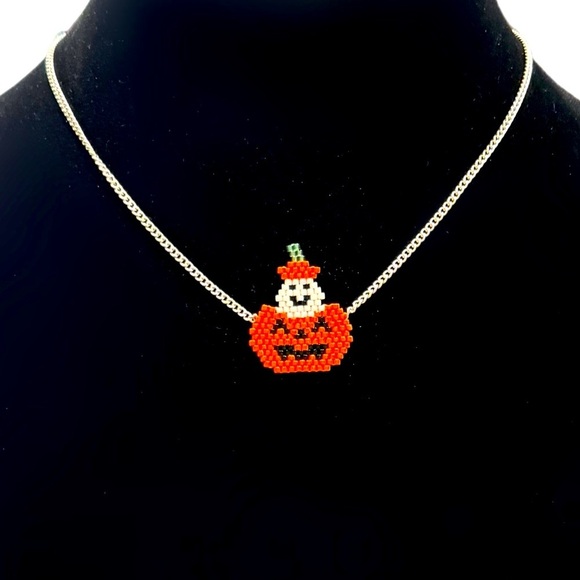Handcrafted Halloween Adjustable Choker Necklace - Smiling Pumpkin & Ghost - Picture 3 of 5
